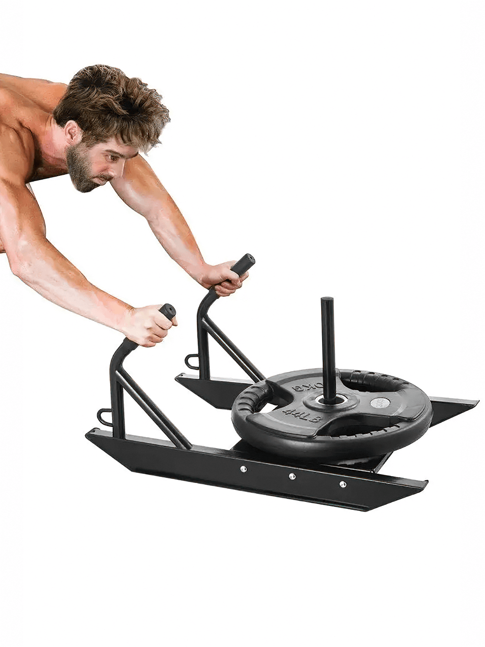 Man using a heavy-duty weight training sled SF3333 for strength conditioning, pushing it with intensity to boost power and speed.